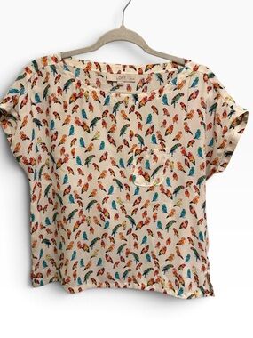 NWOT LOFT Cream Short Sleeve Top with Colorful Parrot Print